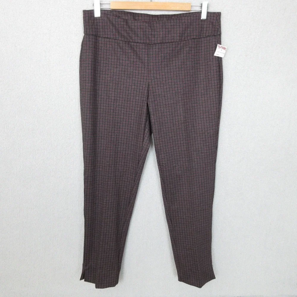 Zak & Rachel Womens Pull On Pants Petite Large Dark Plaid Ankle Slit Hem - Picture 1 of 8